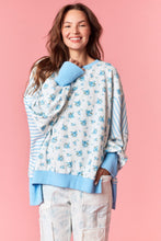 Load image into Gallery viewer, Peach Love OVERSIZED Floral and Striped Terry Knit Top in Light Blue