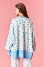 Load image into Gallery viewer, Peach Love OVERSIZED Floral and Striped Terry Knit Top in Light Blue
