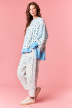 Load image into Gallery viewer, Peach Love OVERSIZED Floral and Striped Terry Knit Top in Light Blue