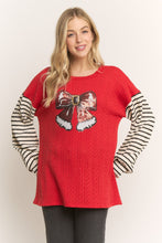 Load image into Gallery viewer, HEIMISH Textured Knit Top with Sequin Santa Bow and Contrasting Striped Sleeves in Red