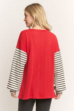 Load image into Gallery viewer, HEIMISH Textured Knit Top with Sequin Santa Bow and Contrasting Striped Sleeves in Red