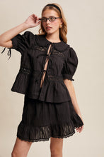 Load image into Gallery viewer, Listicle Lace Trim Peplum Top and Skirt Set in Black