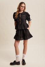 Load image into Gallery viewer, Listicle Lace Trim Peplum Top and Skirt Set in Black