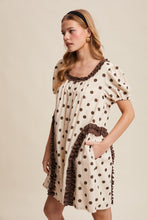 Load image into Gallery viewer, Listicle Polka Dot Ruffle Mini Dress in Brown