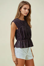 Load image into Gallery viewer, Doe & Rae Semi Sheer Shirred Peplum Top in Dark Chocolate