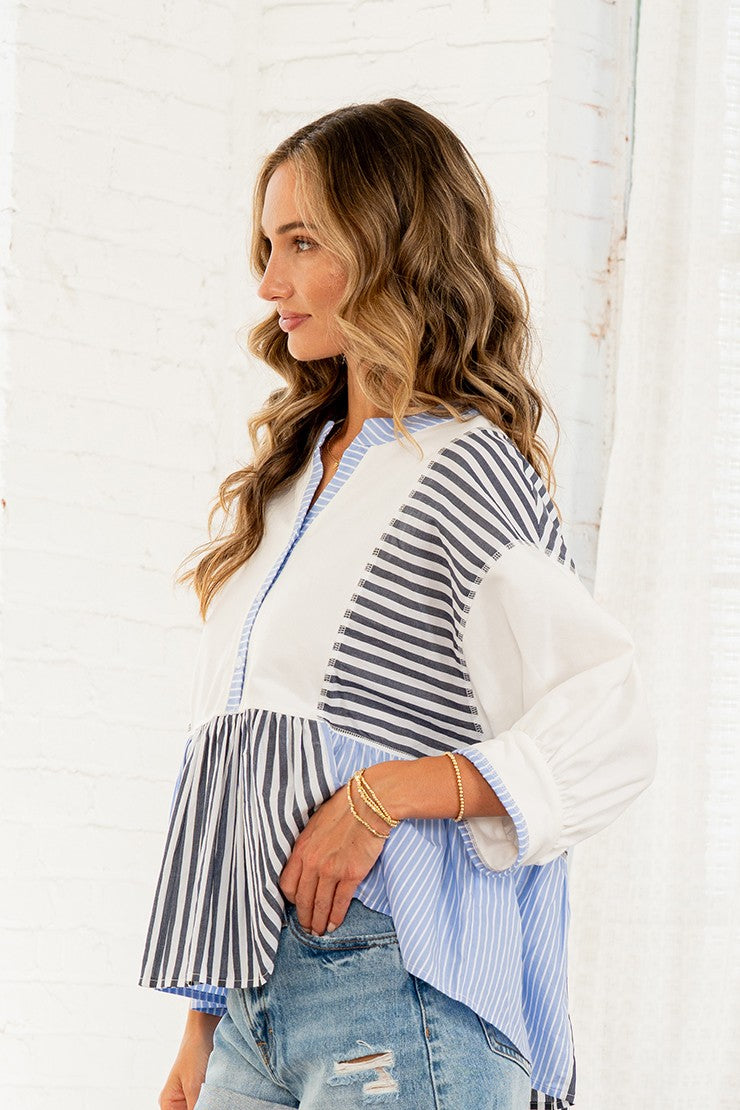 Sew in Love Solid and Mixed Striped Peplum Top in Off White/Blue
