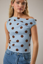 Load image into Gallery viewer, Le Lis Knit Polka Dot Sweater with Asymmetrical Neckline in Light Blue-Brown Dot