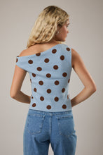 Load image into Gallery viewer, Le Lis Knit Polka Dot Sweater with Asymmetrical Neckline in Light Blue-Brown Dot