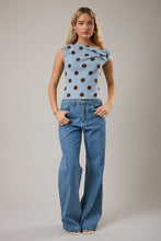 Load image into Gallery viewer, Le Lis Knit Polka Dot Sweater with Asymmetrical Neckline in Light Blue-Brown Dot