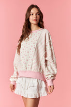 Load image into Gallery viewer, Peach Love Ditsy Flower Stripe Cut Block Batwing Sweatshirt in Light Pink