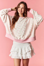 Load image into Gallery viewer, Peach Love Ditsy Flower Stripe Cut Block Batwing Sweatshirt in Light Pink