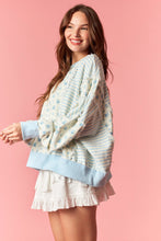 Load image into Gallery viewer, Peach Love Ditsy Flower Stripe Cut Block Batwing Sweatshirt in Light Blue
