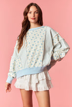 Load image into Gallery viewer, Peach Love Ditsy Flower Stripe Cut Block Batwing Sweatshirt in Light Blue