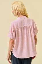 Load image into Gallery viewer, Doe & Rae Stripe Button Down Shirring & Raw Detail Flowy Top in Red Stripe