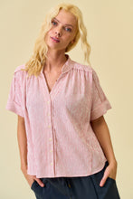 Load image into Gallery viewer, Doe & Rae Stripe Button Down Shirring & Raw Detail Flowy Top in Red Stripe