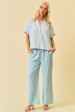 Load image into Gallery viewer, Doe & Rae Stripe Button Down Shirring & Raw Detail Flowy Top in Gray Blue Stripe