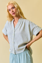 Load image into Gallery viewer, Doe & Rae Stripe Button Down Shirring & Raw Detail Flowy Top in Gray Blue Stripe