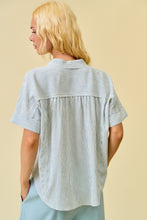 Load image into Gallery viewer, Doe & Rae Stripe Button Down Shirring & Raw Detail Flowy Top in Gray Blue Stripe