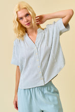 Load image into Gallery viewer, Doe & Rae Stripe Button Down Shirring & Raw Detail Flowy Top in Gray Blue Stripe