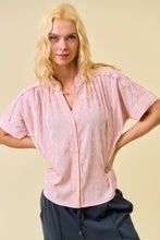 Load image into Gallery viewer, Doe & Rae Stripe Button Down Shirring & Raw Detail Flowy Top in Red Stripe