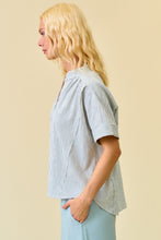 Load image into Gallery viewer, Doe & Rae Stripe Button Down Shirring & Raw Detail Flowy Top in Gray Blue Stripe