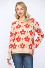 Load image into Gallery viewer, FATE Floral Pattern Jacquard Knit Crew Neck Sweater in Beige Multi