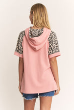 Load image into Gallery viewer, Heimish Ribbed Knit Hooded Top with Contrasting Leopard Print in Salmon