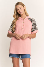 Load image into Gallery viewer, Heimish Ribbed Knit Hooded Top with Contrasting Leopard Print in Salmon
