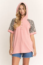 Load image into Gallery viewer, Heimish Ribbed Knit Hooded Top with Contrasting Leopard Print in Salmon