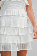 Load image into Gallery viewer, MABLE Square Neck Ruffle Tiered Knit Mini Dress in Off White