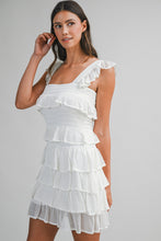 Load image into Gallery viewer, MABLE Square Neck Ruffle Tiered Knit Mini Dress in Off White