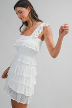 Load image into Gallery viewer, MABLE Square Neck Ruffle Tiered Knit Mini Dress in Off White