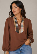 Load image into Gallery viewer, Jodifl Solid Color Knit Top with Contrasting Plaid Accents in Brown