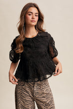 Load image into Gallery viewer, Listicle Floral Embroidered Sheer Peplum Top in Black