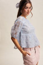 Load image into Gallery viewer, Listicle Floral Embroidered Sheer Peplum Top in Misty Blue