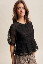 Load image into Gallery viewer, Listicle Floral Embroidered Sheer Peplum Top in Black