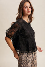 Load image into Gallery viewer, Listicle Floral Embroidered Sheer Peplum Top in Black