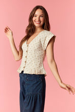 Load image into Gallery viewer, Peach Love Polka Dot Twill Denim Button Up Pleated Vest in Cream/Taupe