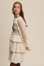 Load image into Gallery viewer, Listicle Lace Tired Mini Dress with Contrasting Stitching in Cream