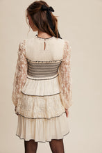 Load image into Gallery viewer, Listicle Lace Tired Mini Dress with Contrasting Stitching in Cream