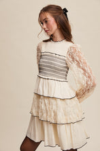 Load image into Gallery viewer, Listicle Lace Tired Mini Dress with Contrasting Stitching in Cream