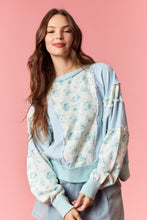 Load image into Gallery viewer, Peach Love Floral and Stripe OVERSIZED Terry Knit Top in Light Aqua