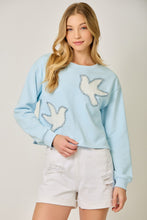 Load image into Gallery viewer, Mystree French Terry Tweed Bird Applique Pullover in Blue
