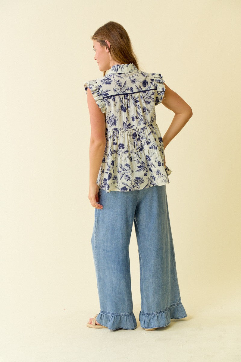 Doe & Rae Denim Ruffle Bottom Wide Leg Pants in Denim – June Adel