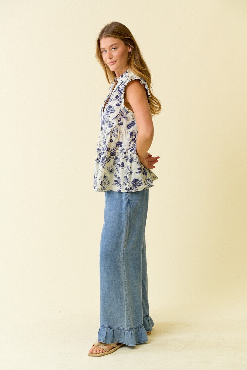 Doe & Rae Denim Ruffle Bottom Wide Leg Pants in Denim – June Adel