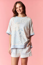 Load image into Gallery viewer, Peach Love Stripe Floral Patchwork Effect Printed Terry Top in Light Blue Combo