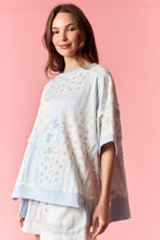 Load image into Gallery viewer, Peach Love Stripe Floral Patchwork Effect Printed Terry Top in Light Blue Combo
