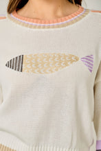 Load image into Gallery viewer, Mystree Color Block Sweater with Fish Design in Off White Mix