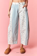 Load image into Gallery viewer, Peach Love Ditsy Floral Print and Solid Twill Denim Barrel Pants in Light Blue Combo
