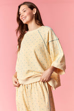 Load image into Gallery viewer, Peach Love Piping & Mini Dot Printed French Terry Top in Butter Yellow/Light Blue